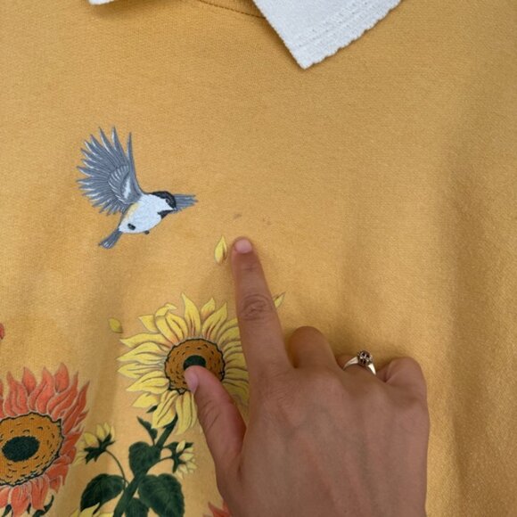 Vintage Morning Sun sunflower floral bird collared pullover sweatshirt - Picture 7 of 10